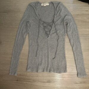 Urban Outfitters Gray Long Sleeve Tie Front Blouse